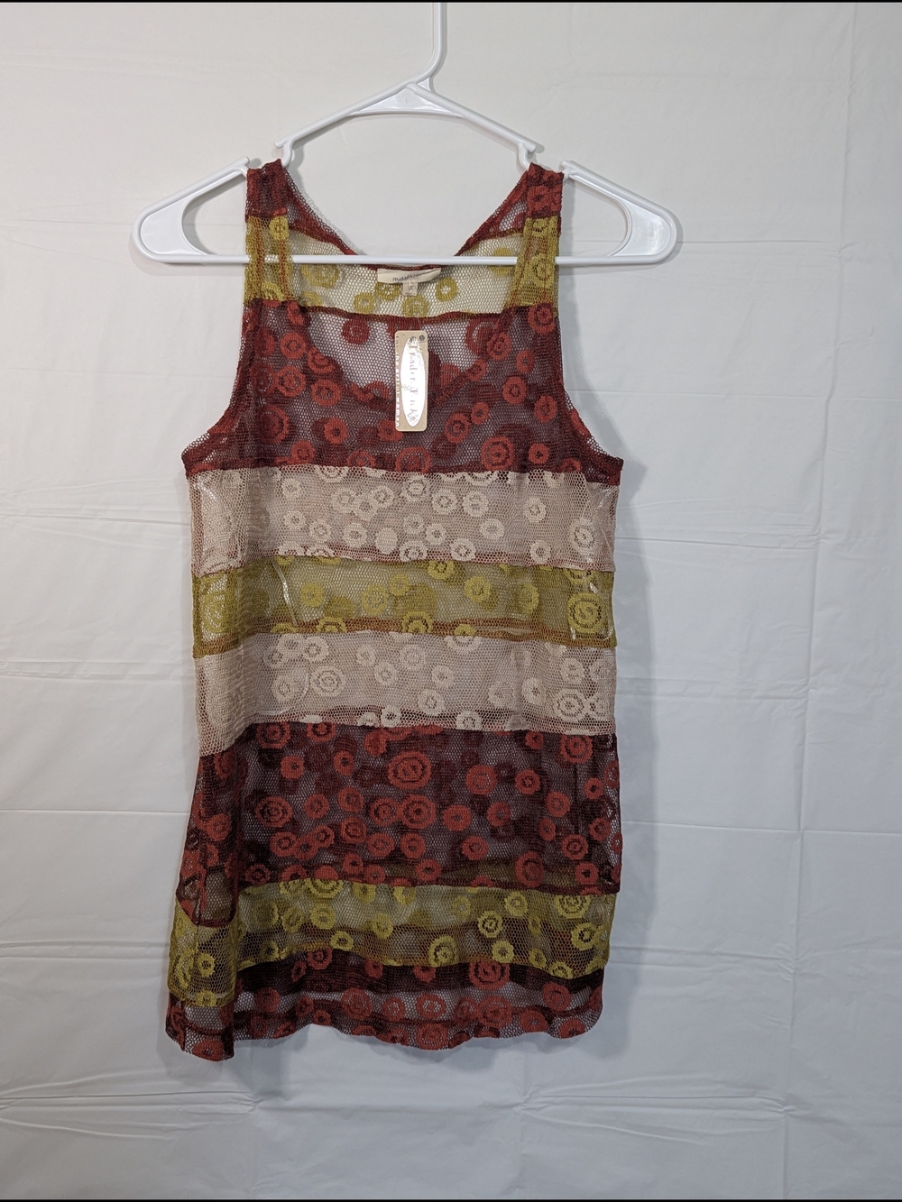 NWT Mystree Mesh Floral Tank Top Small Boho Sleeveless Tunic Sheer Striped Layer